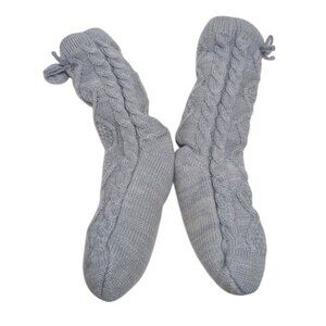 UGG Womens Cable Knit Fleece Lined Socks With Pom Cozy Winter Light Gray Warm